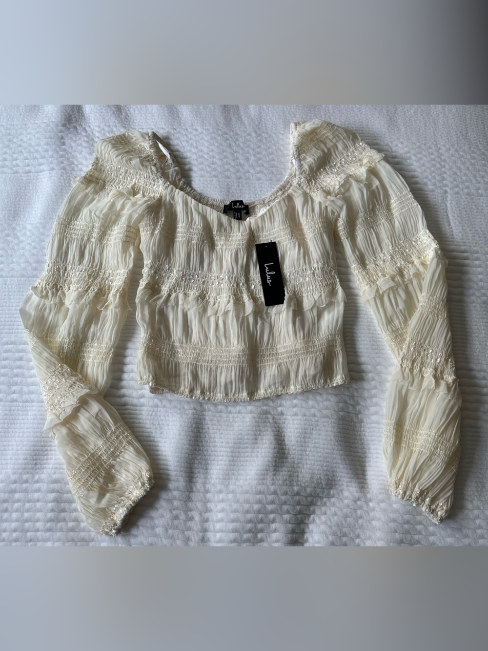 Lulu's Cream Crinkle Smocked Peasant Blouse